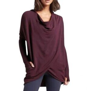 Athleta Draped Faux Wrap Hooded Sweatshirt in Plum Burgundy, Size Small